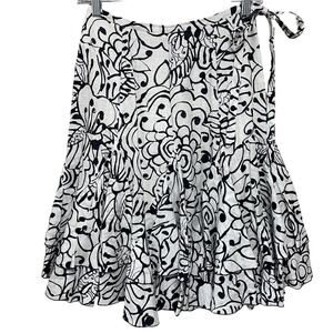 Lafayette 148 NY Linen Tiered Skirt Women's Size 2 Black White Sketch Floral Bow